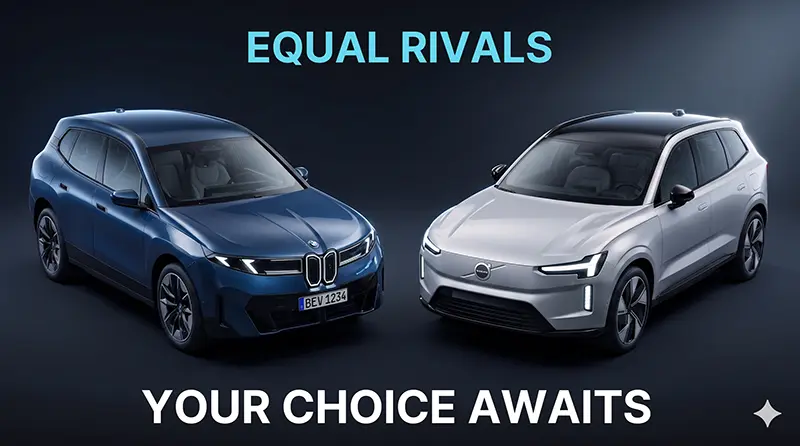 BMW iX3와 볼로 EX60 두 프리미엄 전기 SUV가 스튜디오에서 나란히 배치된 3/4 프론트 앵글 히어로 샷으로, 어두운 배경과 드라마틱한 조명 아래 두 차량의 디자인 특징과 프리미엄 마감이 선명하게 보이는 이미지