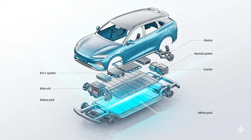 BYD 씨라이언7의 e-Platform 3.0과 셀투바디 구조를 보여주는 아이소메트릭 기술 분해도로, 82.5kWh 블레이드 배터리팩과 8-in-1 구동계가 분리되어 표시된 이미지