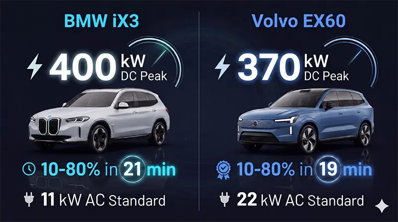 BMW iX3와 볼보 EX60의 충전 속도를 비교한 인포그래픽으로, DC 피크 출력과 10-80% 충전 시간, AC 충전 출력이 좌우로 나뉘어 표시되며 EX60이 2분 빠른 19분 충전 시간으로 우위를 보이는 이미지