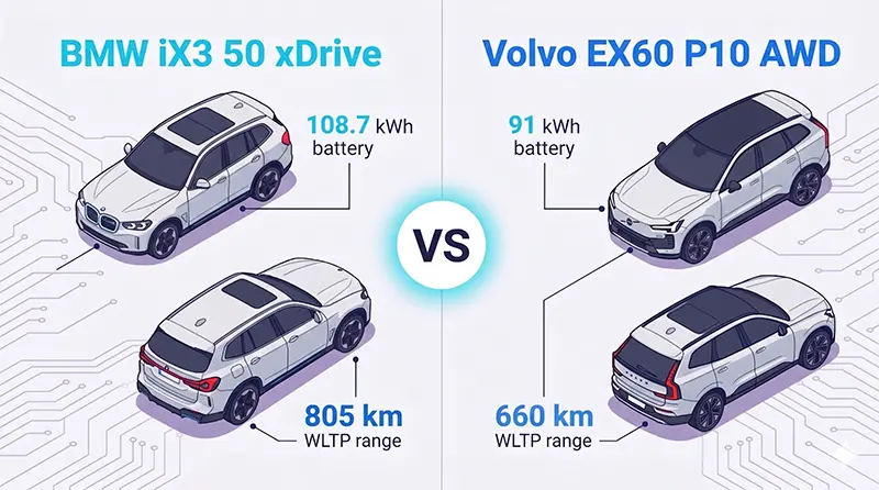 BMW iX3 50 xDrive와 볼보 EX60 P10 AWD의 배터리 용량과 주행거리를 비교한 일러스트로, iX3의 108.7kWh 배터리와 805km WLTP 주행거리, EX60의 91kWh 배터리와 660km 주행거리가 좌우로 대비되어 표시된 이미지