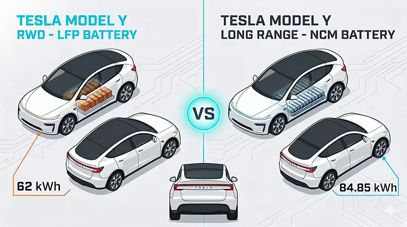 테슬라 모델Y RWD의 LFP 배터리 62kWh 400km와 롱레인지 AWD의 NCM 배터리 84.85kWh 523km를 좌우 분할 화면으로 비교한 일러스트