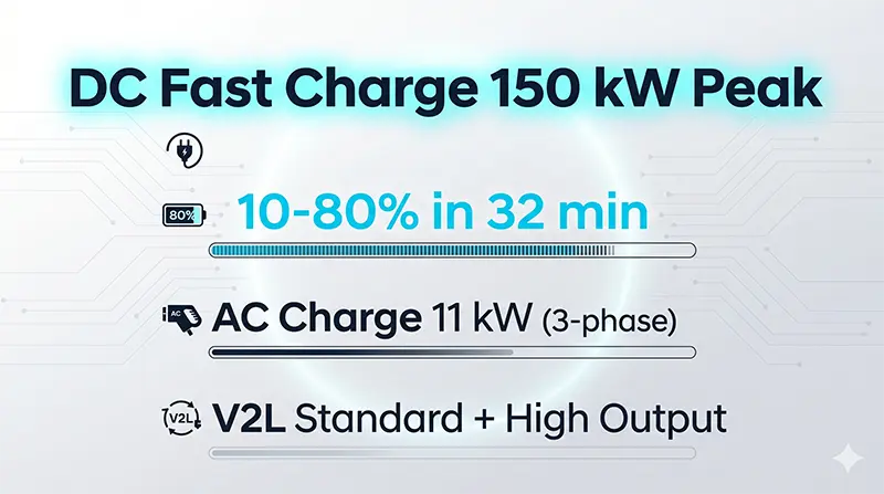 씨라이언7 충전 성능 데이터를 보여주는 인포그래픽으로 DC 150kW 피크 출력과 10-80% 32분 충전 시간이 큰 글자로 강조된 이미지