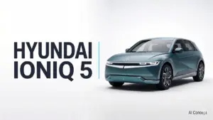 현대 아이오닉5의 파라메트릭 픽셀 LED 라이트바와 그릴리스 전면 디자인을 강조하는 전기 SUV 마케팅 비주얼 [AI Concept]