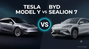 테슬라 모델Y와 BYD 씨라이언7을 좌우로 나란히 배치한 비교 마케팅 배너, 중앙의 VS 그래픽과 함께 두 전기차 SUV의 차별화된 디자인을 보여주는 이미지 [AI Concept]