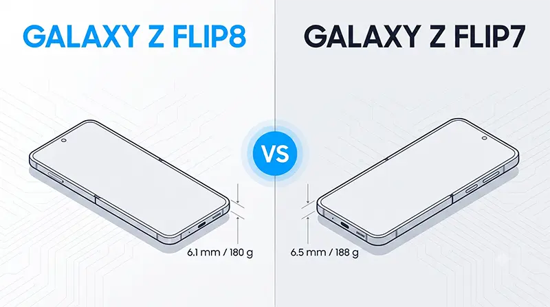 펼친 두께 6.1mm 대 6.5mm, 무게 180g 대 188g을 측면 실루엣으로 좌우 대조한 갤럭시 Z 플립8 플립7 비교 일러스트