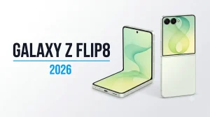 민트 색상 갤럭시 Z 플립8의 접힌 상태와 펼친 상태를 나란히 배치하고 왼쪽에 제품명을 넣은 마케팅 배너