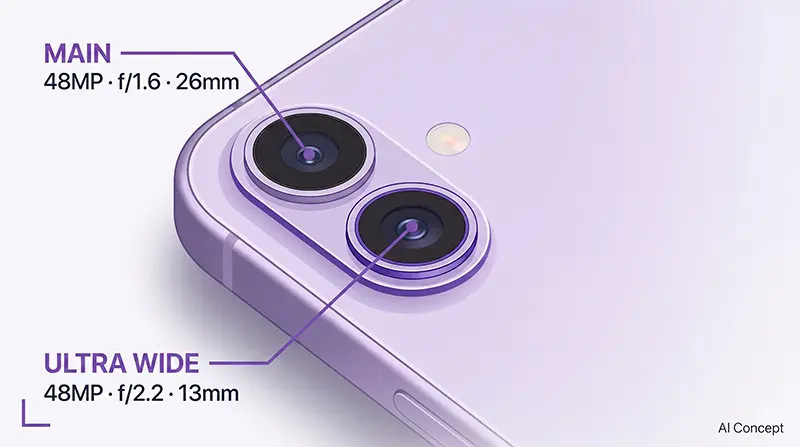 아이폰 17 카메라 하우징의 두 렌즈 가운데 아래쪽 48MP 초광각 렌즈만 라벤더 하이라이트로 강조한 부분 노출 클로즈업 일러스트 [AI Concept]