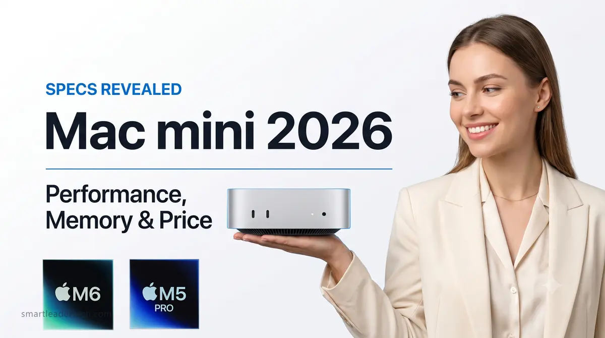 밝은 배경에서 한 손에 올린 맥미니 M6 본체와 왼쪽 헤드라인 문구, 아래쪽 M6·M5 Pro 칩 배지를 함께 담은 가로형 대표 배너